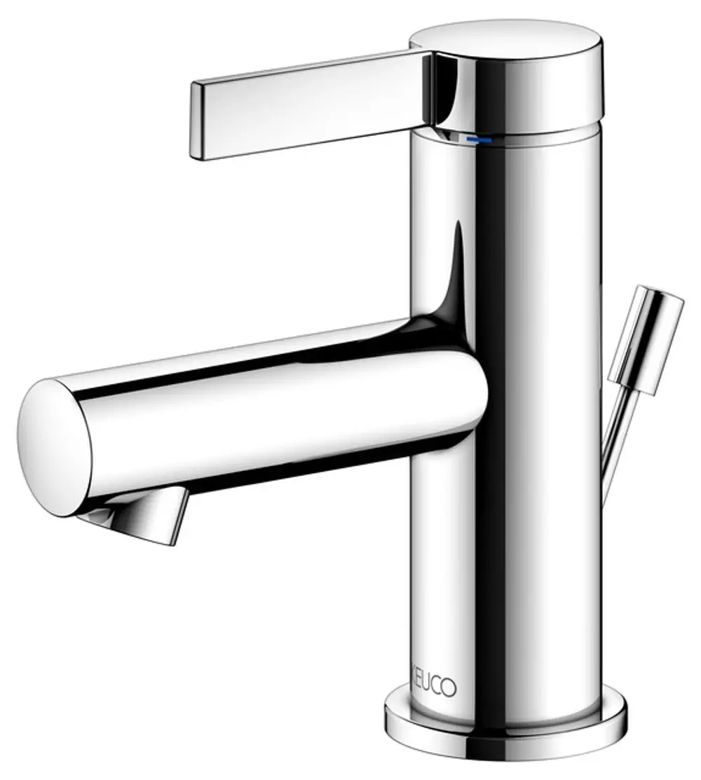 Chromfarbener Keuco Wasserhahn mit einem modernen Design. Er verfügt über einen seitlichen Hebel und einen Auslauf, der eine zusätzliche Funktion integriert.